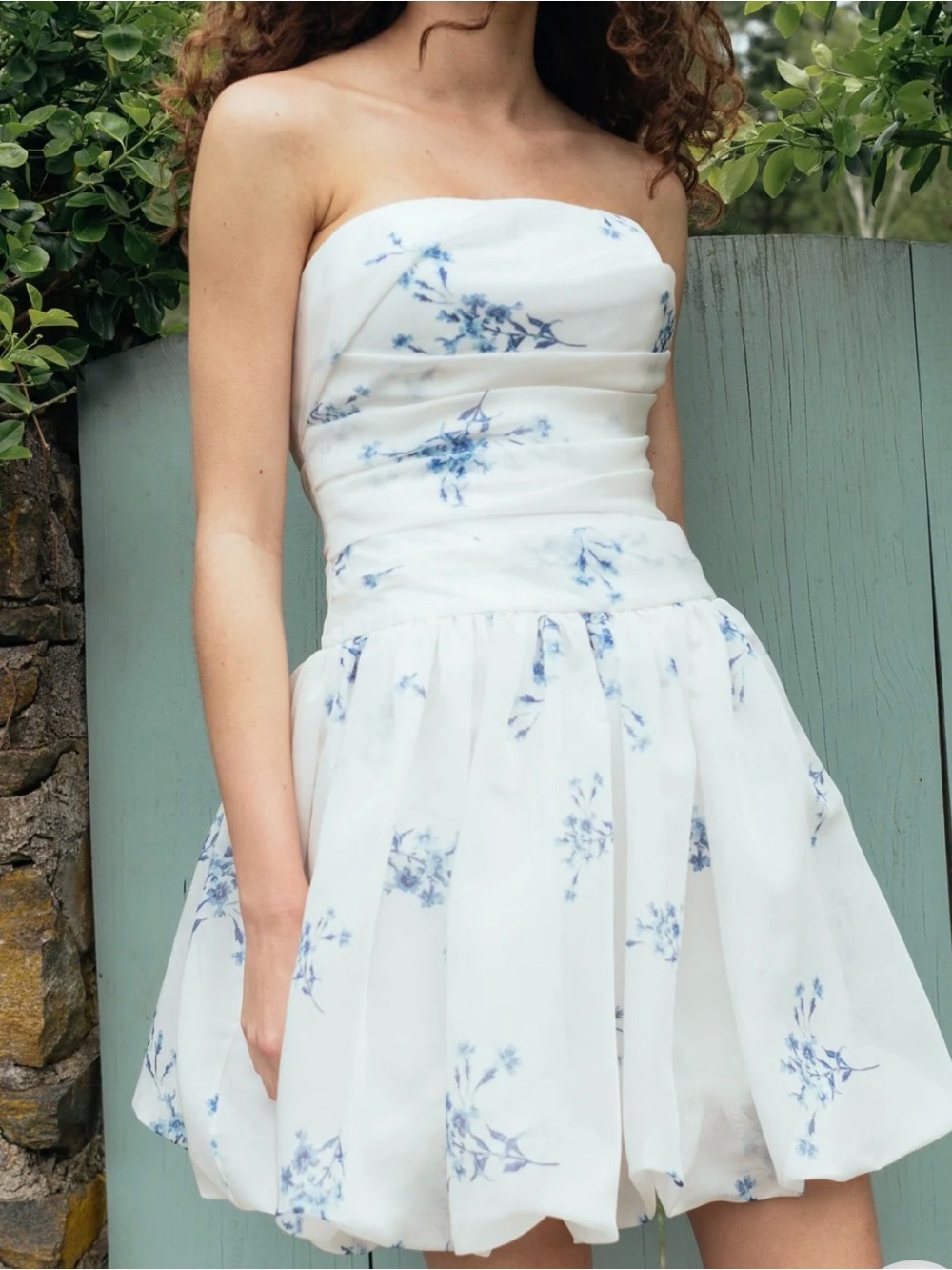 Jenny Yoo White Strapless Dress with Blue Floral Print